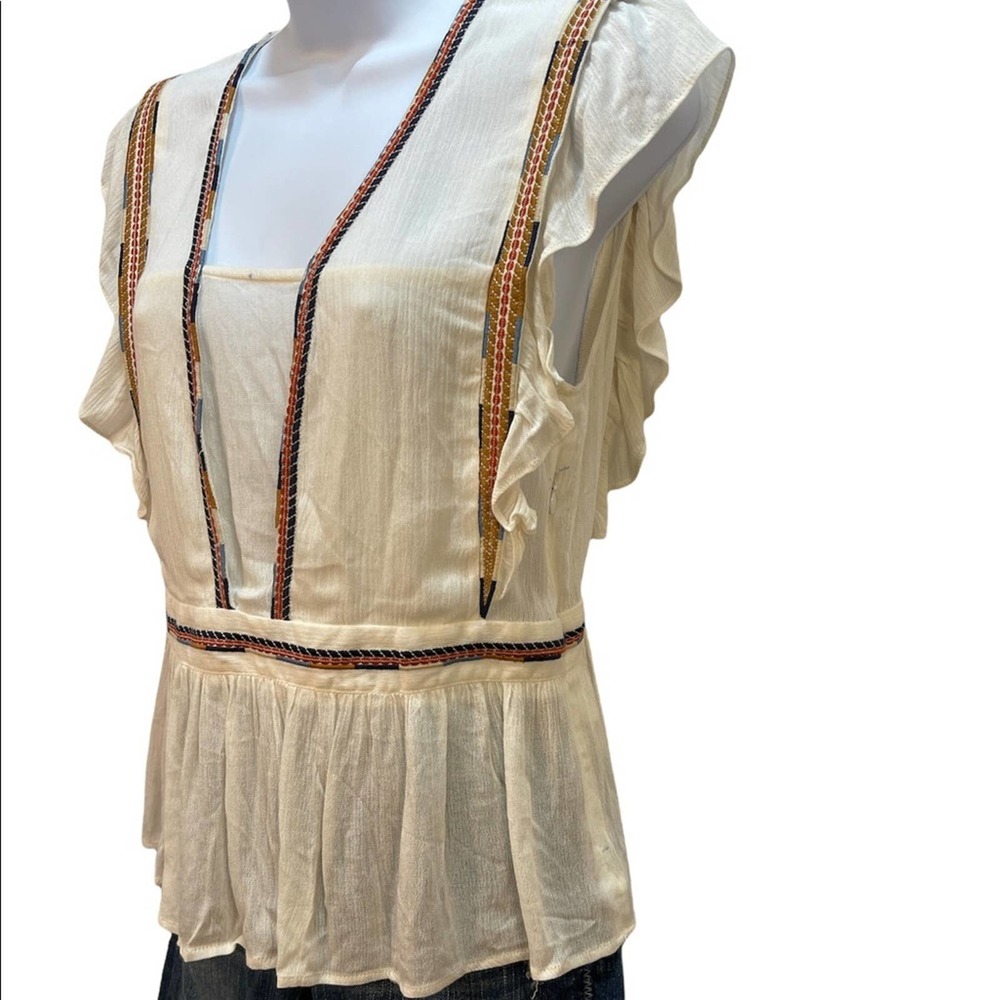 SEE U SOON Boho Style Beige w/Multi Color Cap Ruffled Sleeves & Banded Waistline - Picture 10 of 10